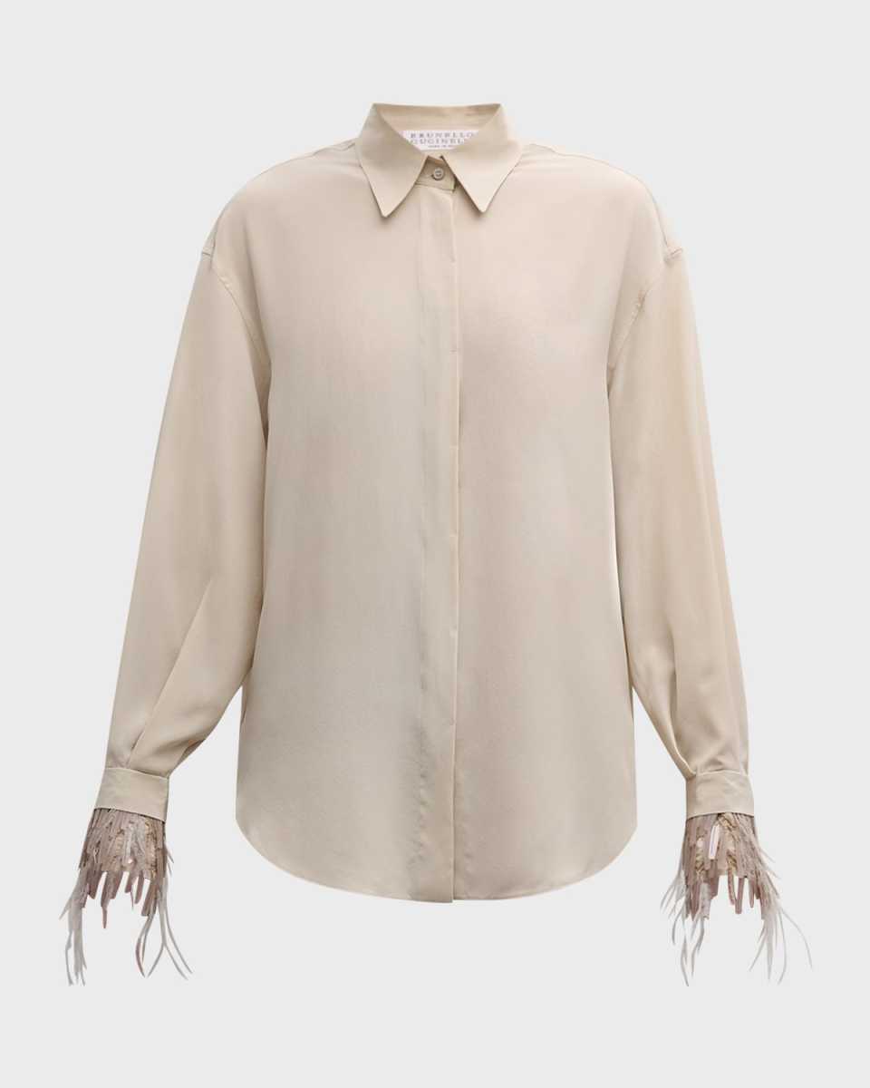 Chandelier Feather-Cuff Crepe De Chine Blous